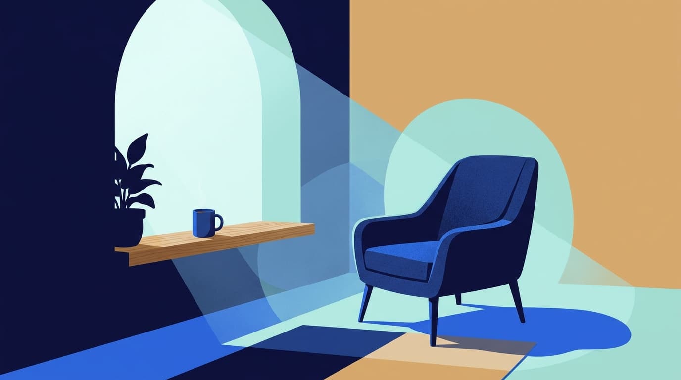 A quiet morning window with a mug of water on the sill and an empty armchair nearby