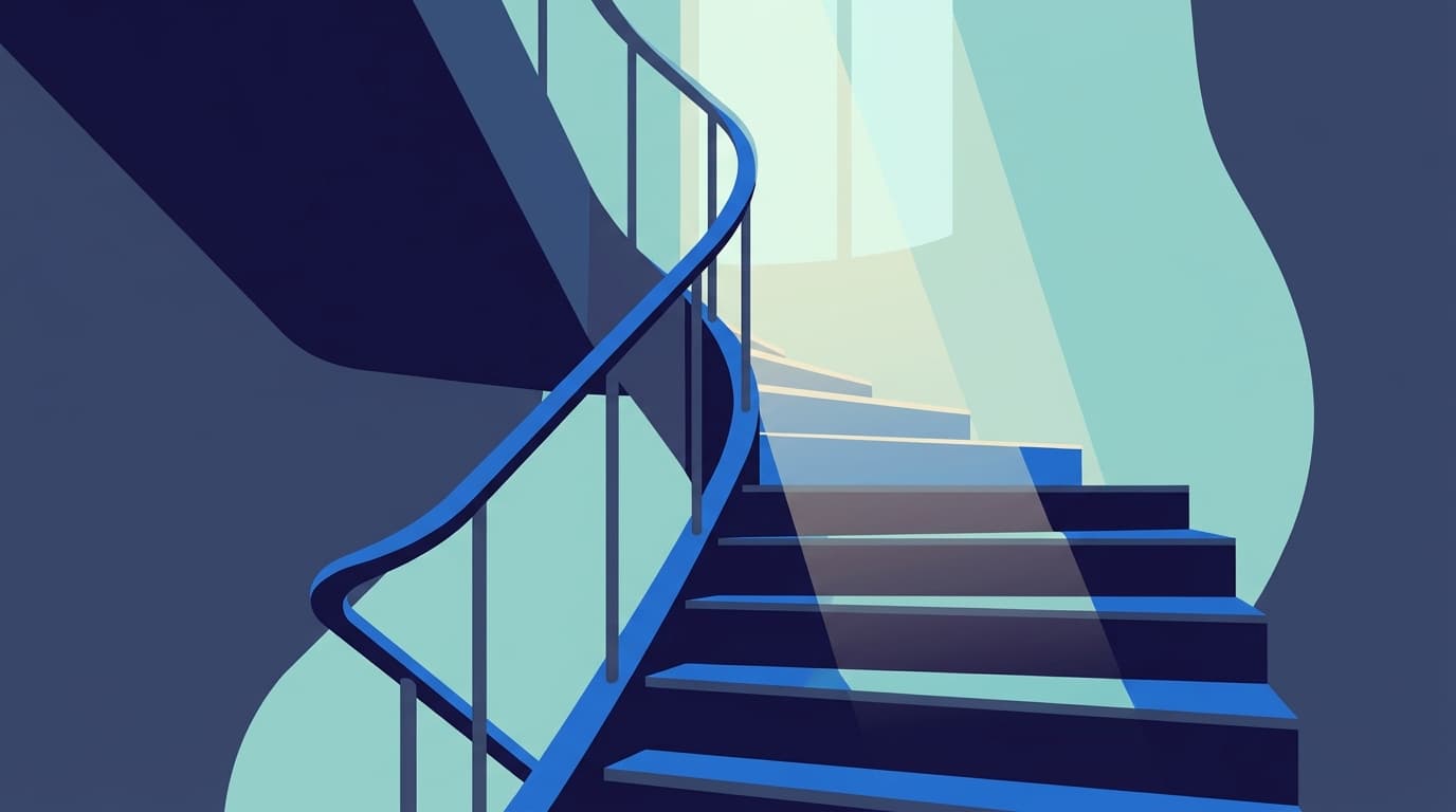 Eine Treppe mit Handlauf in ruhigem Tageslicht, von unten gesehen
