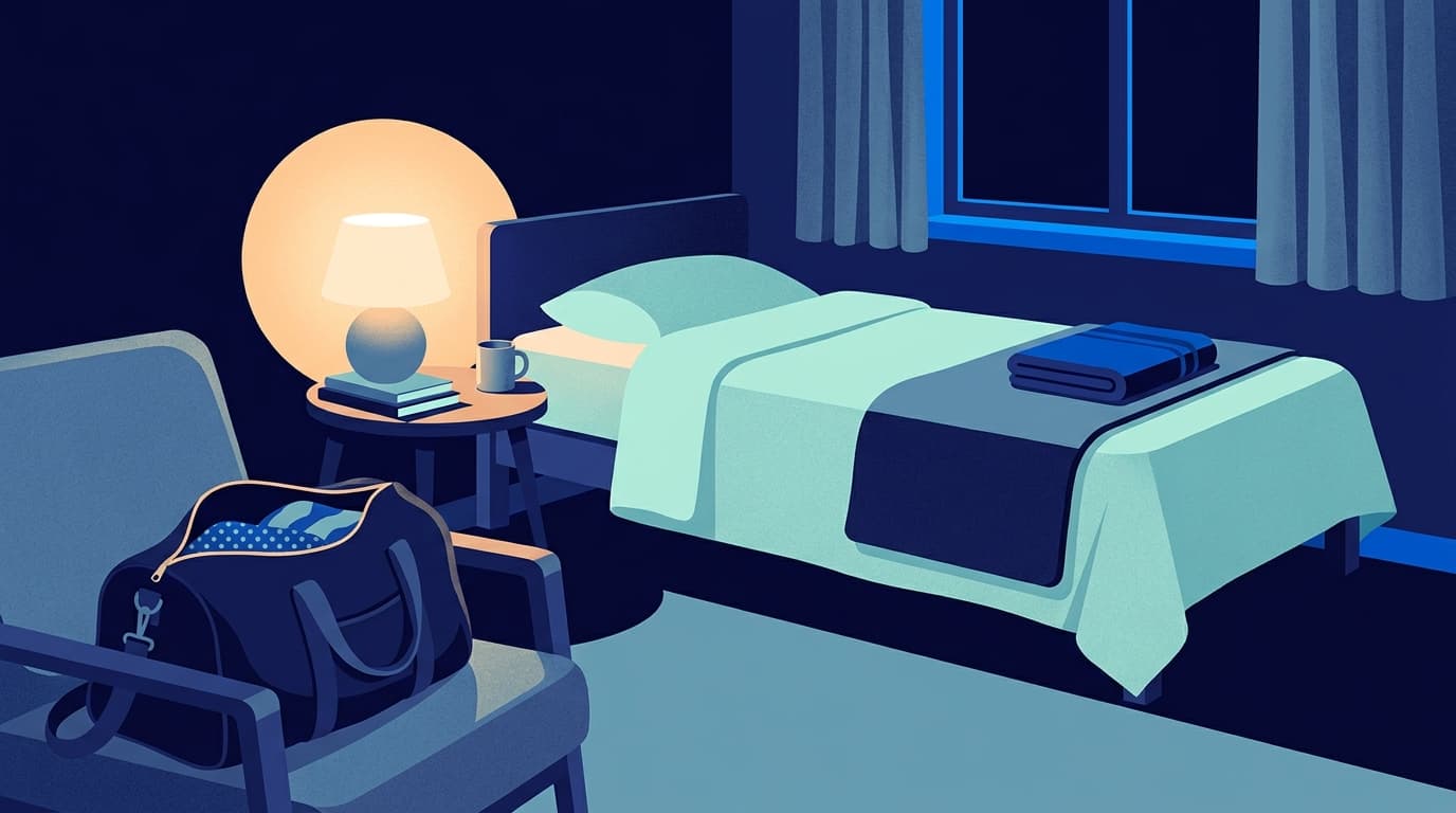 A neatly made spare bed with a folded towel at the end and a small bedside lamp switched on