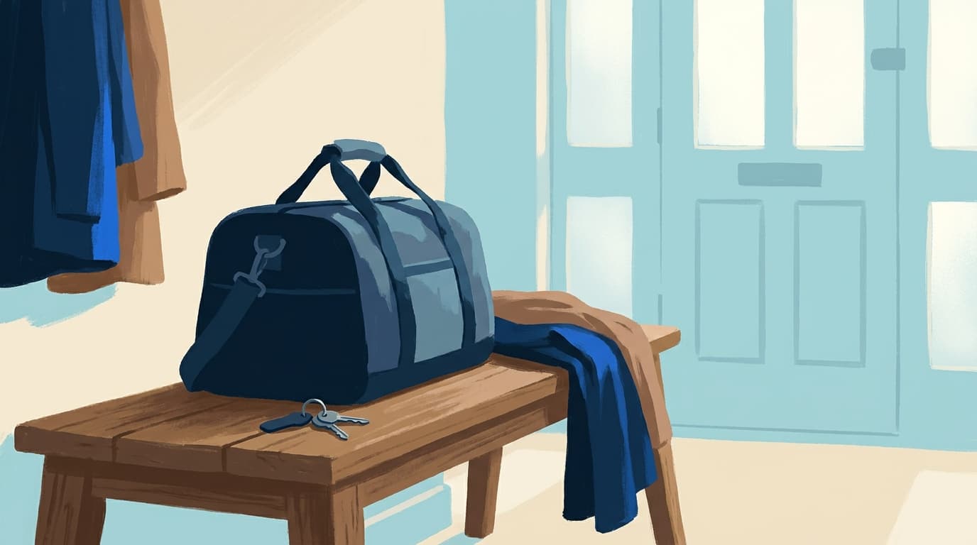 A packed overnight bag and a set of house keys resting on a hallway bench by a front door