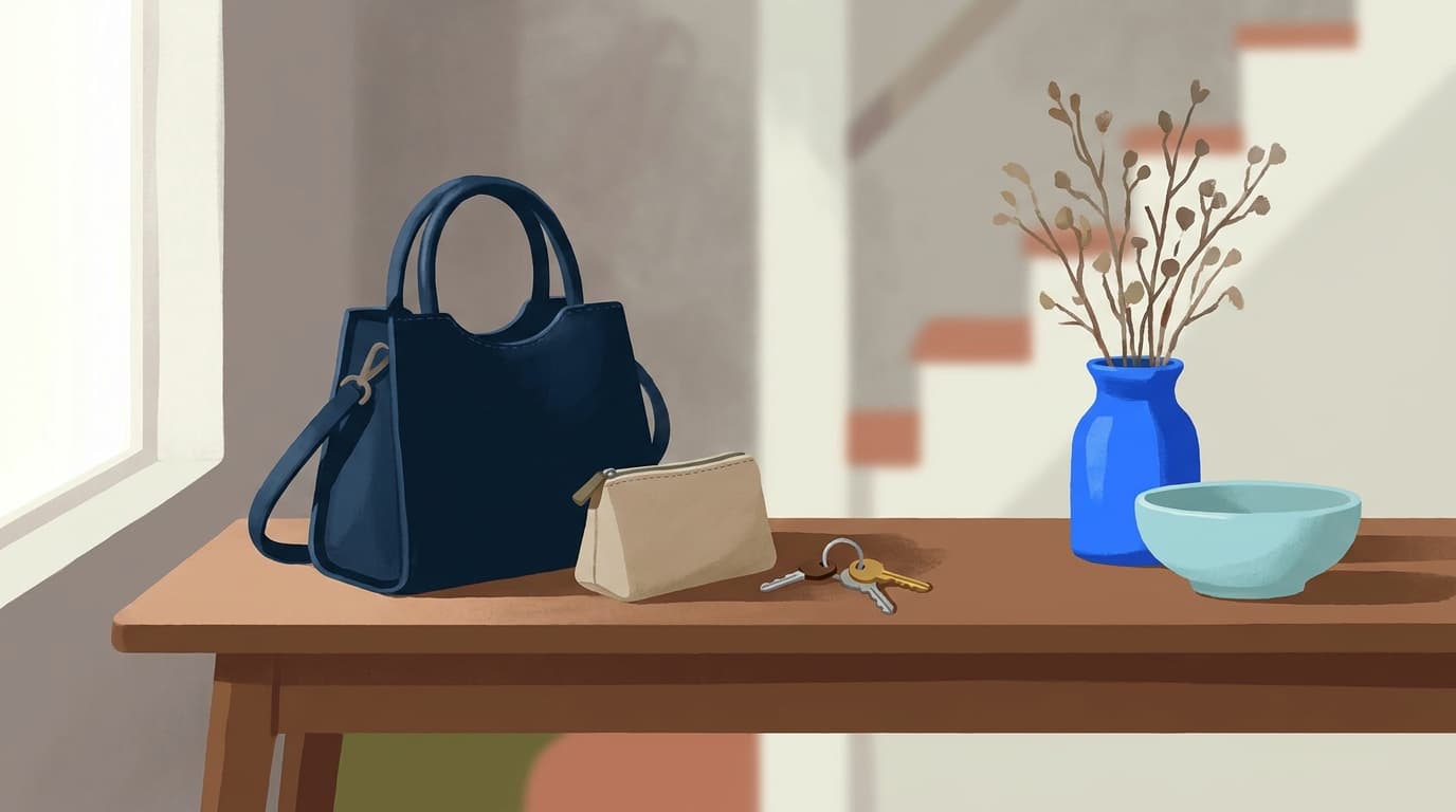 A handbag on a hall table with a small pouch beside it, in soft daylight