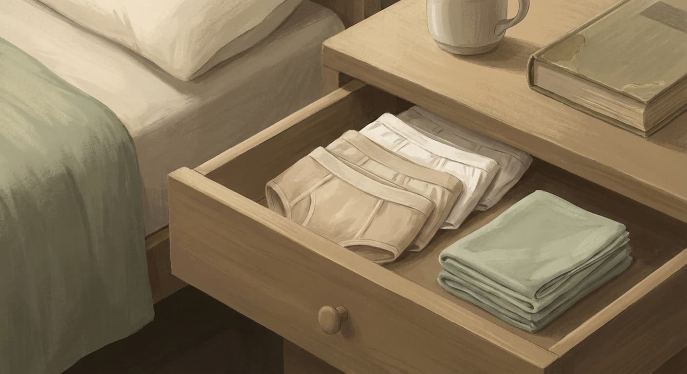 A folded stack of plain cotton underwear and a small drawer, lit by soft morning light