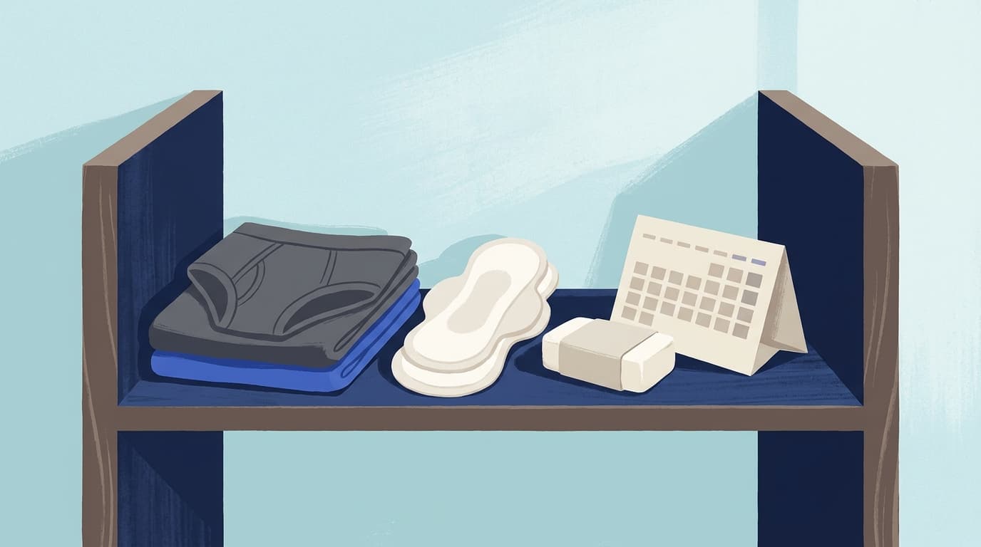 A neatly folded stack of plain underwear and soft white pads on a wooden shelf beside a small calendar, in quiet morning light.