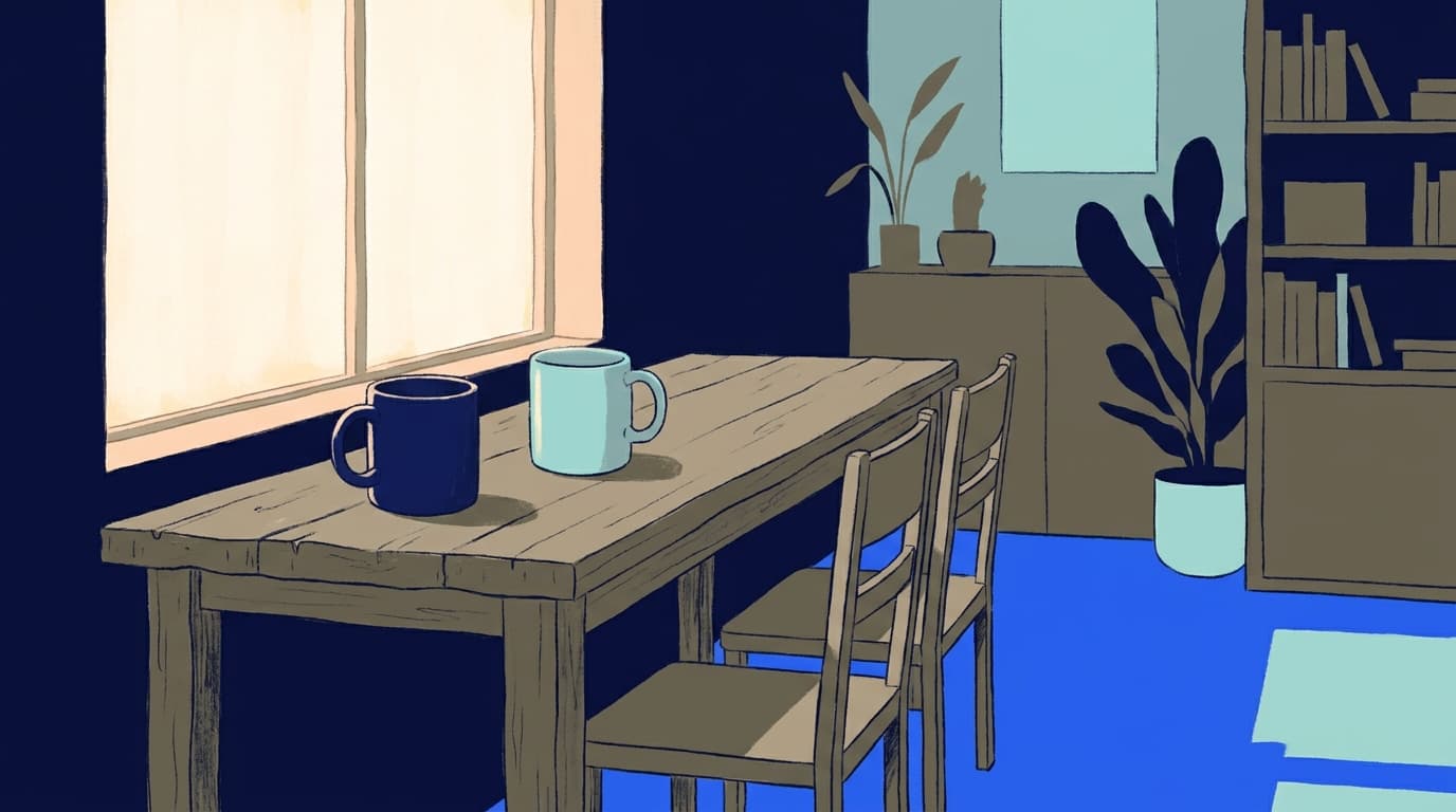 Two mugs of tea on a kitchen table beside a window in warm morning light