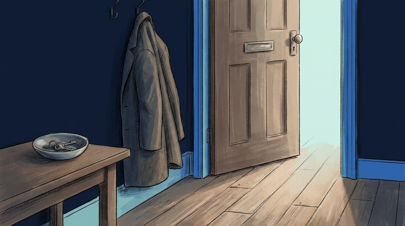 A quiet hallway with a coat on a hook and keys resting in a bowl by the front door, morning light across the floor.
