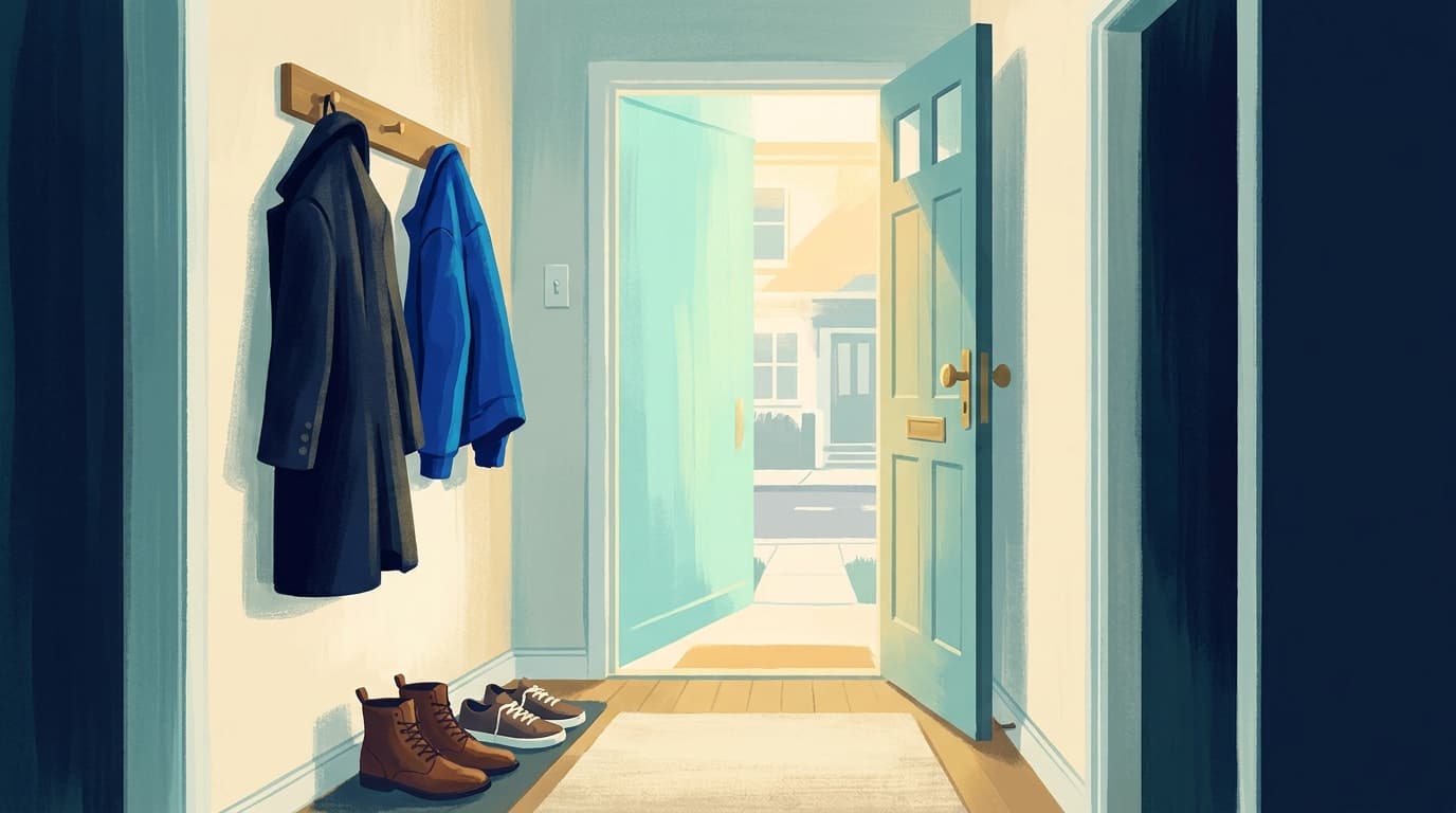 Two coats on a hallway hook beside an open front door with daylight coming in