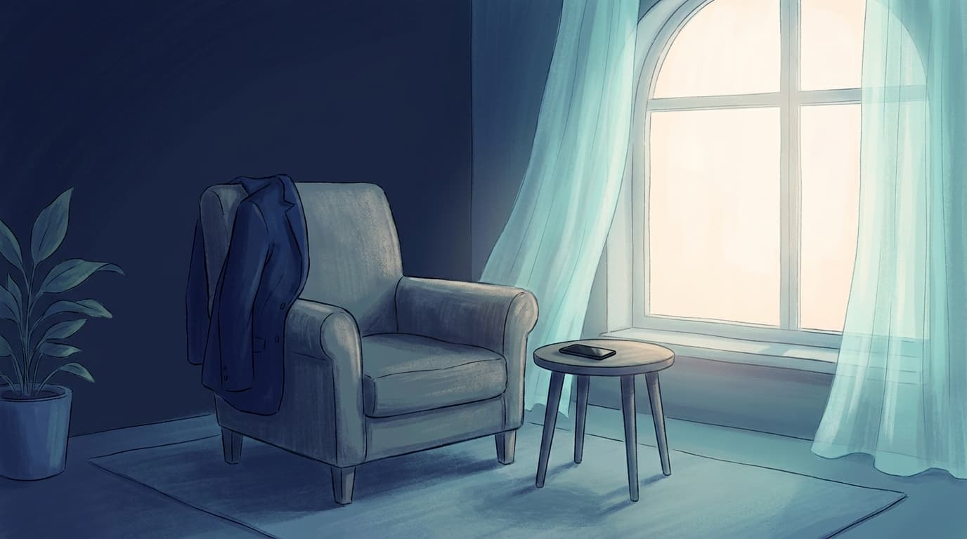 An empty chair by a window with a coat over the back and a phone face down on the table