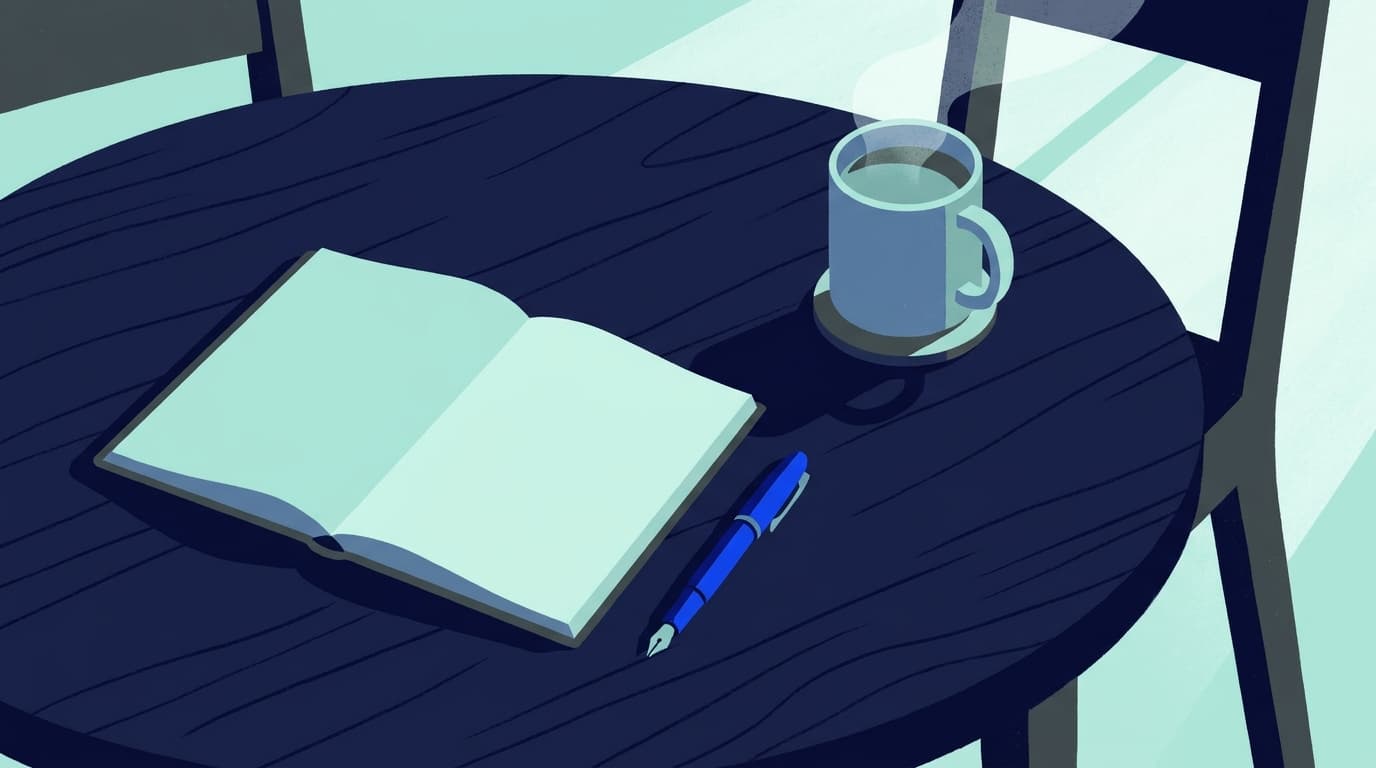 A kitchen table with a notebook, a pen and a mug, morning light across the surface