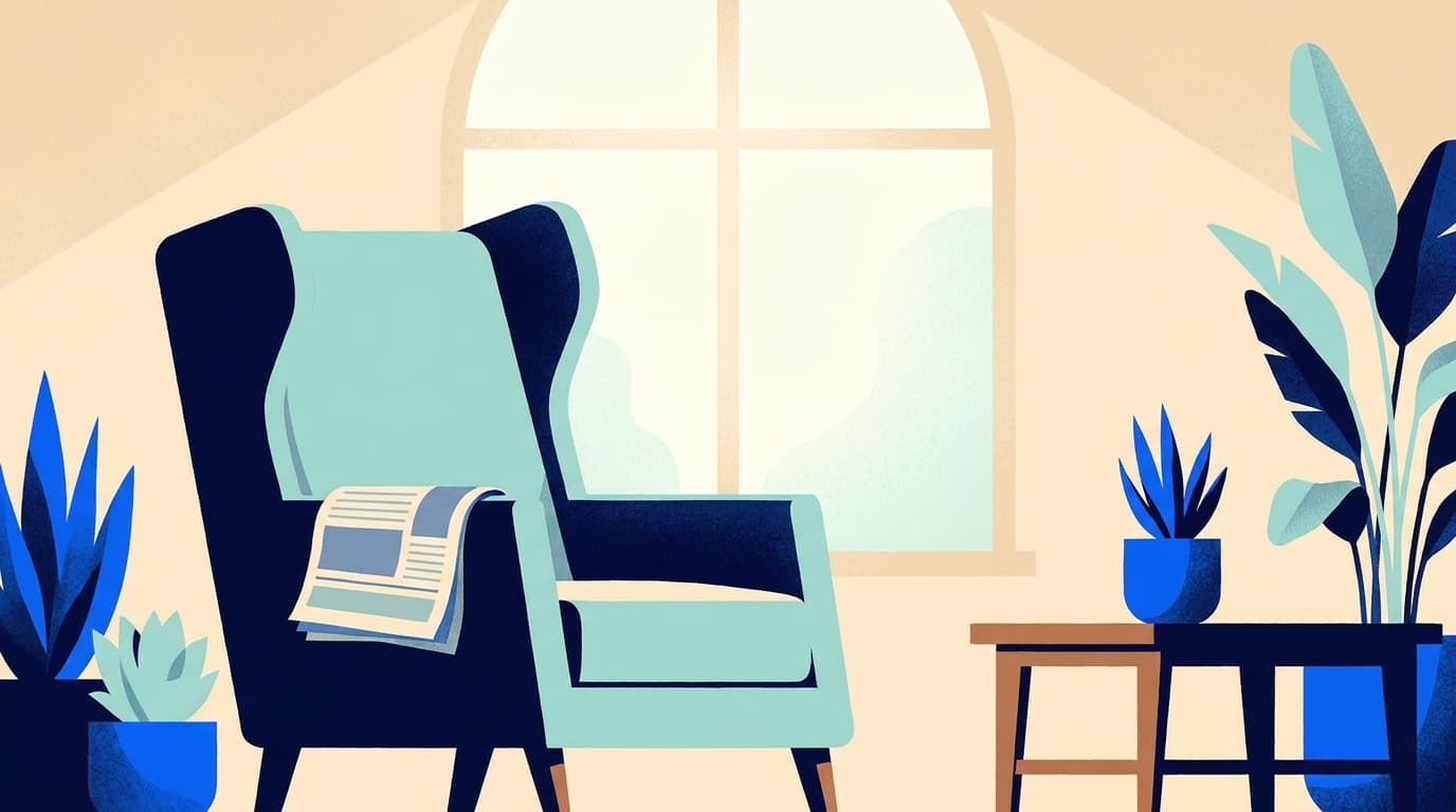 A quiet armchair by a window in soft morning light, with a newspaper folded on the arm