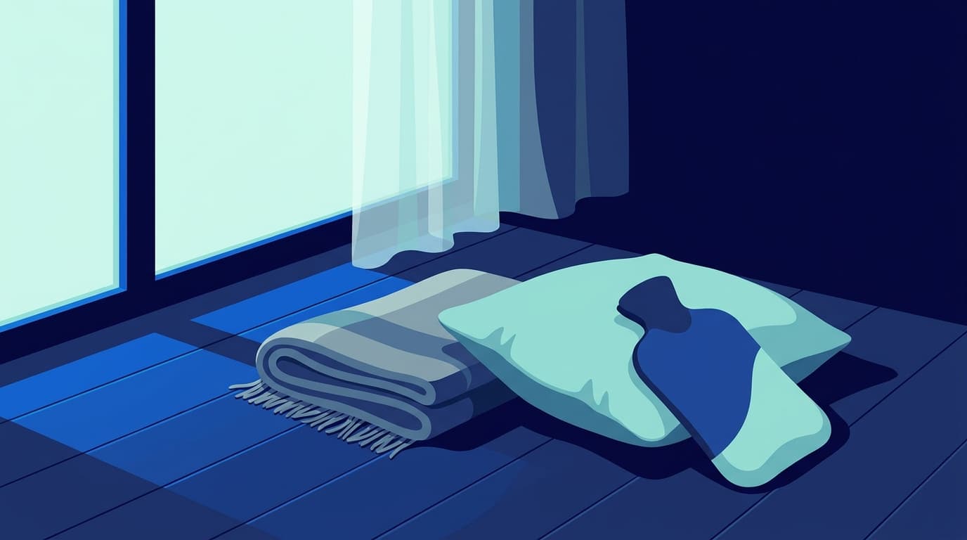 A folded wool blanket and a cushion on a quiet floor beside an open window, soft morning light