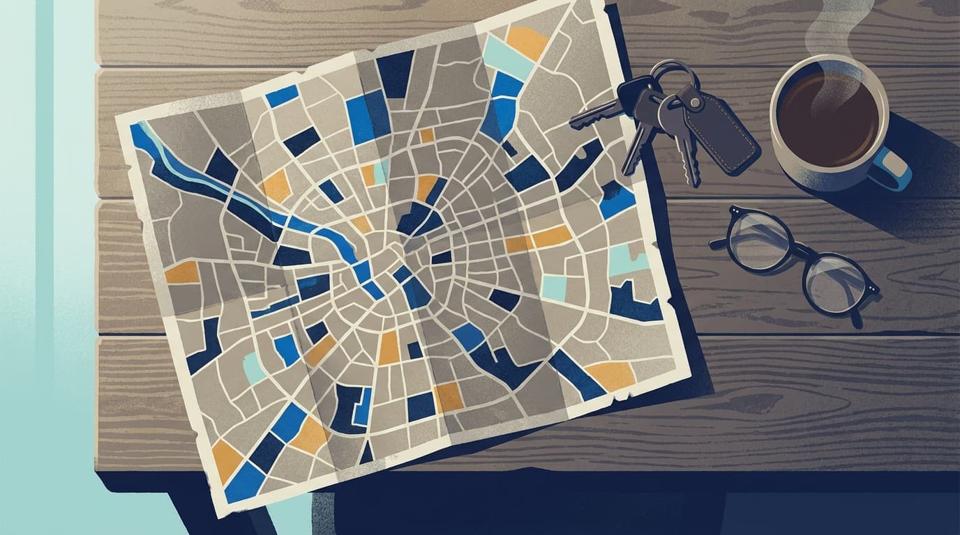 A quiet street map on a kitchen table beside a set of car keys and a mug of tea, morning light across the surface.