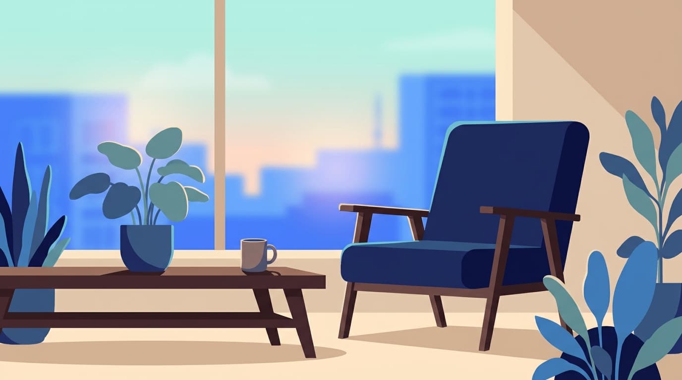 Un fauteuil près d'une fenêtre dans une lumière douce de fin de journée, une tasse posée sur une table basse