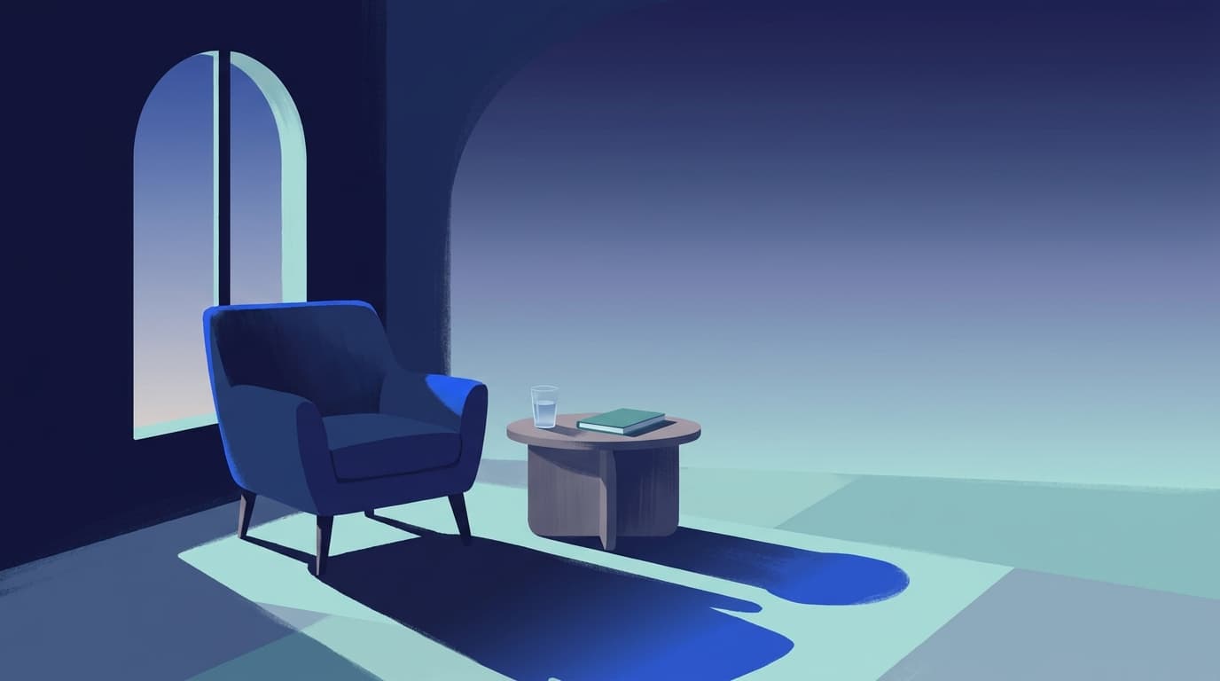 An armchair by a window in evening light, with a glass of water and a notebook on a side table.