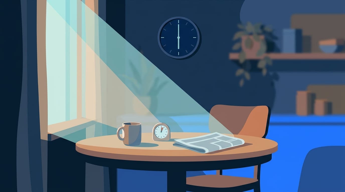 A quiet kitchen table in morning light with a mug, a timer and a clock on the wall.