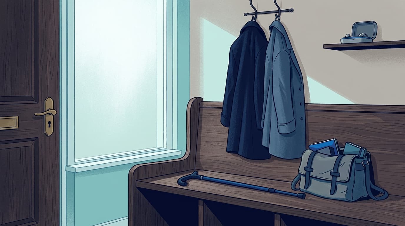 A hallway bench by the front door with a walking stick, a packed bag and two coats on hooks