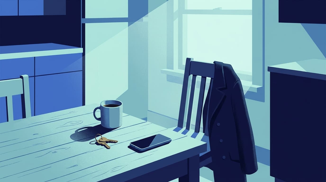 A kitchen table at midday with a half-drunk mug of tea, a set of keys and a phone left face down