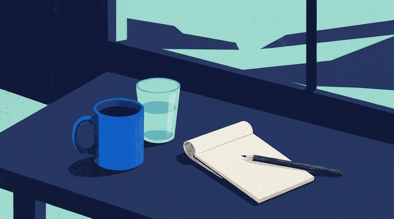 Eine Tasse Kaffee und ein Glas Wasser nebeneinander auf einem Tisch, daneben ein Notizzettel und ein Stift