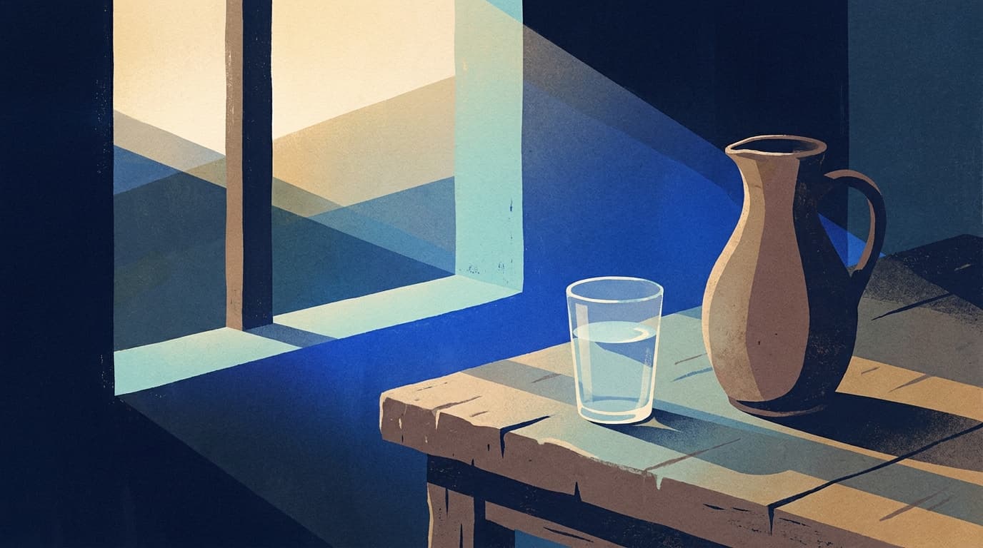 Ein Glas Wasser und eine Karaffe auf einem Holztisch am Fenster im Morgenlicht