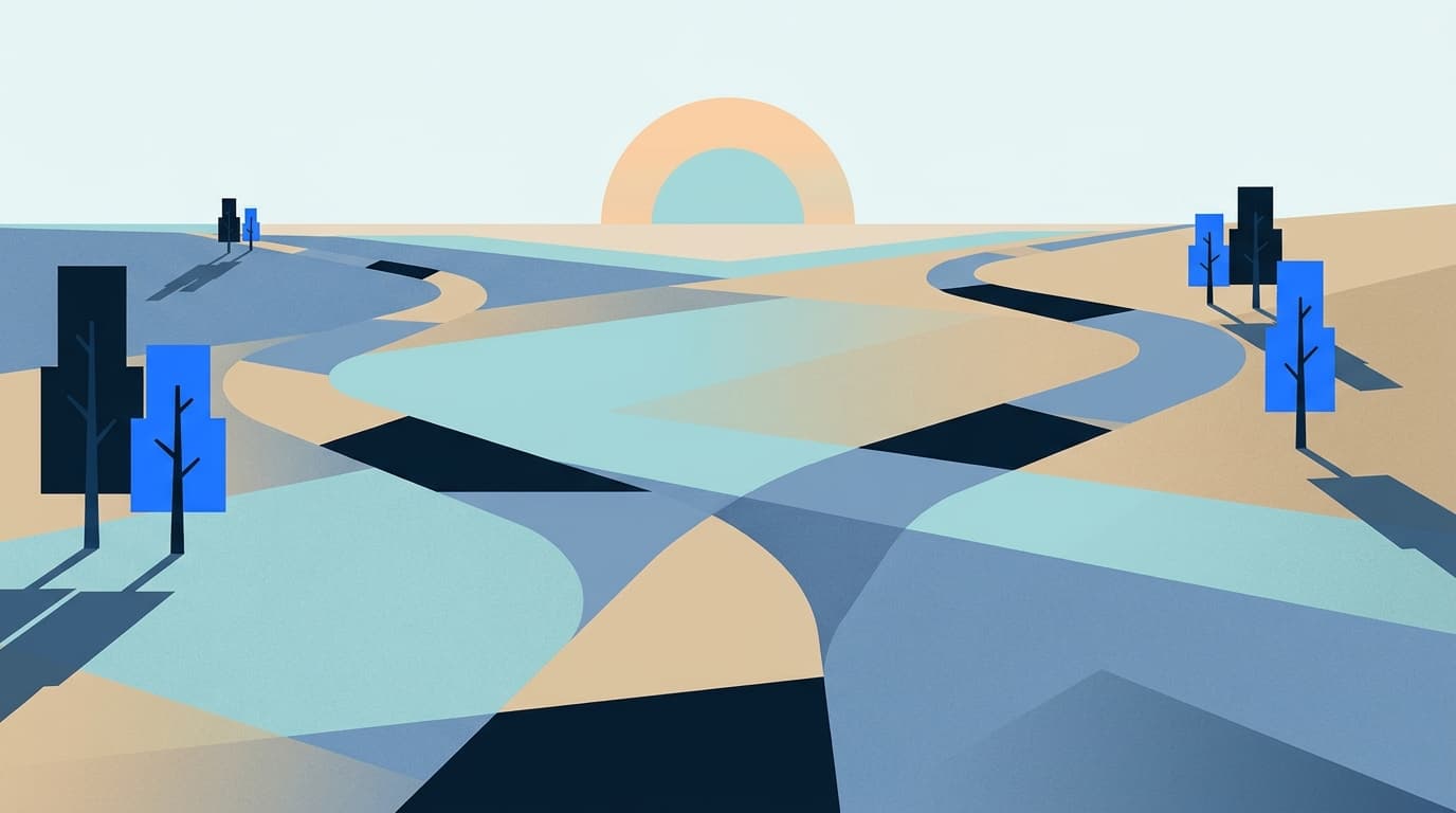 Two diverging paths through a quiet landscape at dawn, suggesting a choice between two routes.