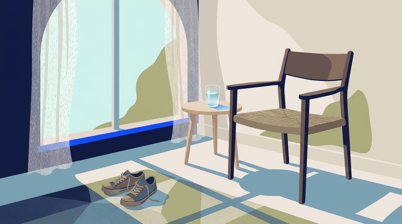 A glass of water and a pair of walking shoes beside a chair in soft daylight