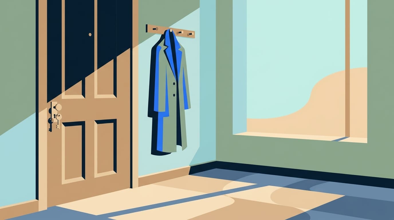 A front door with a key in the lock, seen from inside a quiet hallway in soft morning light