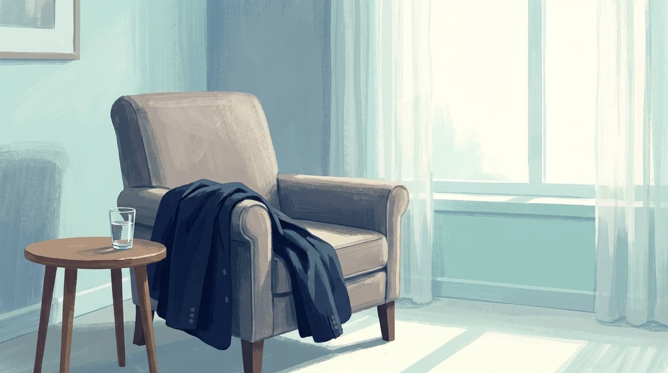 A pair of weathered hands resting on the arm of a chair beside a glass of water in morning light.