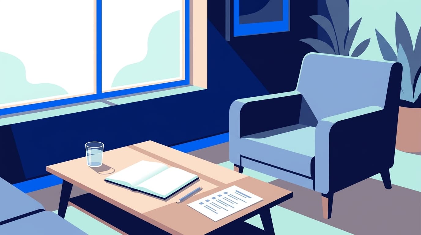 A notebook, a pen and a glass of water on a plain table beside a clinic waiting-room chair.