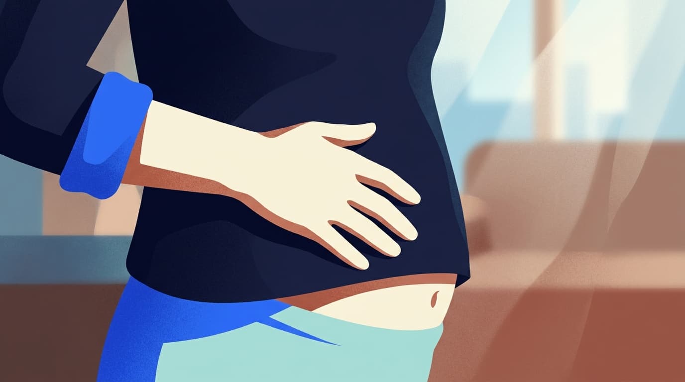 Illustration d'une main posée à plat sur le bas du ventre, geste calme de vérification