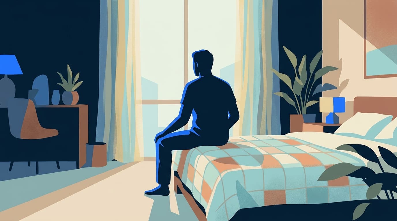 Illustration apaisée d'un homme assis au bord d'un lit, mains posées sur les genoux, lumière douce du matin