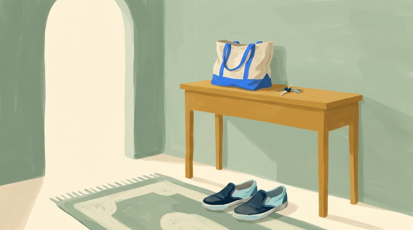 Un cabas et un trousseau de clés posés sur une console dans une entrée claire