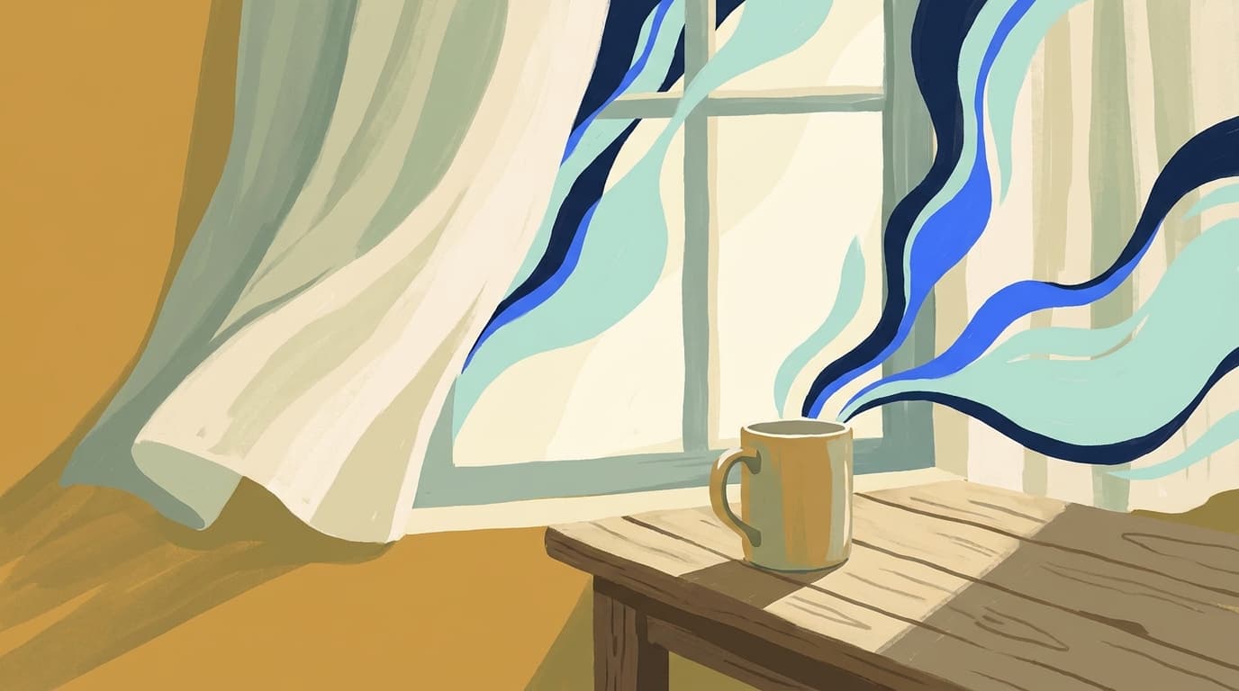 Une tasse posée sur une table près d'une fenêtre, lumière douce du matin