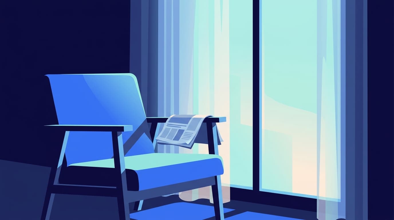 Un fauteuil en bois près d'une fenêtre, lumière douce du matin, intérieur calme