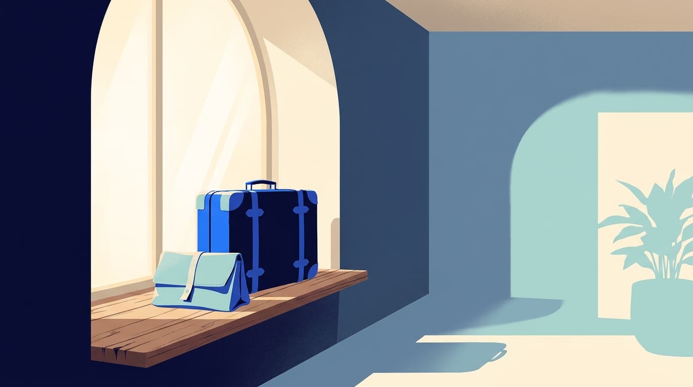 Une valise de cabine et un petit sac posés près d'une fenêtre, lumière du matin