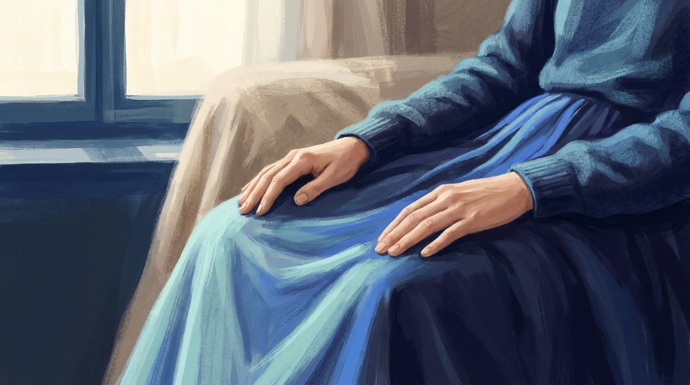 A pair of hands resting open on the lap, shoulders and jaw relaxed