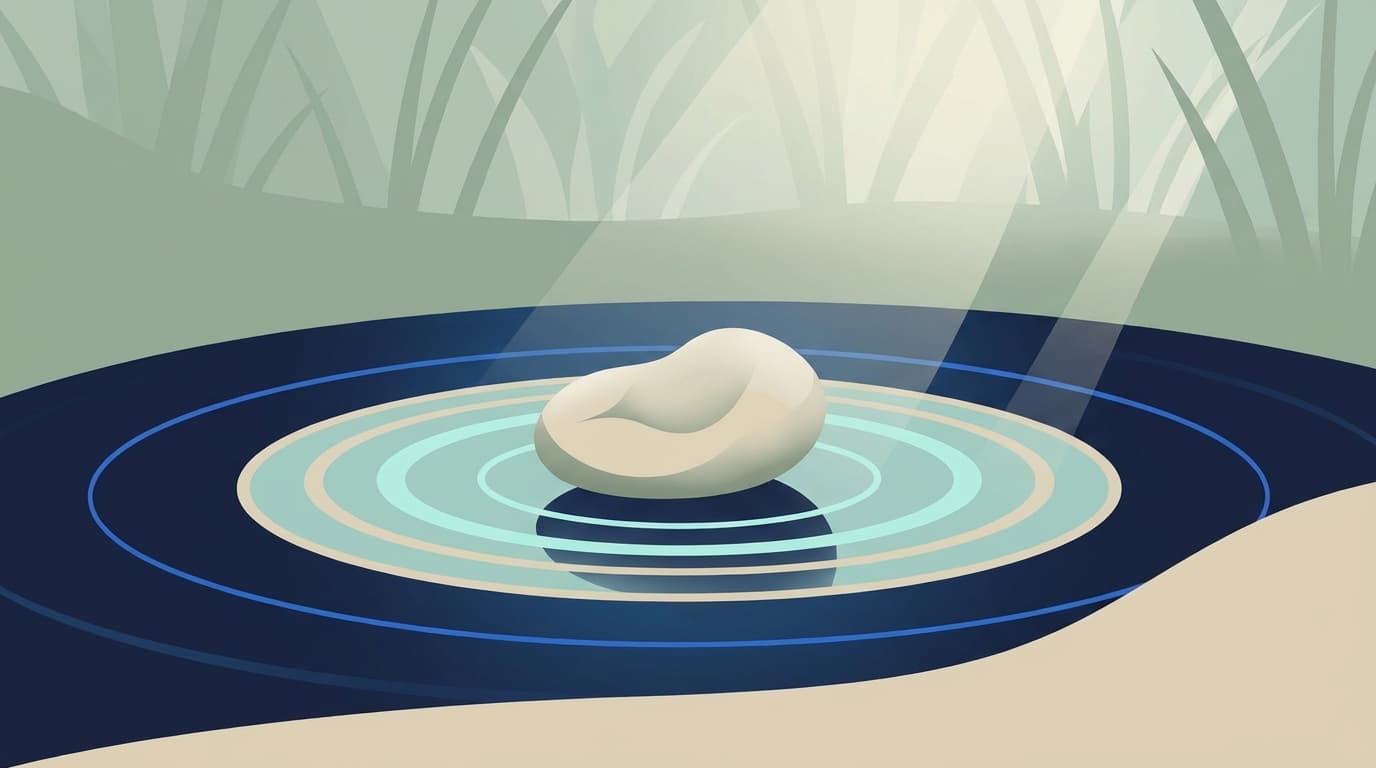 A single smooth stone resting on a still surface, soft daylight around it