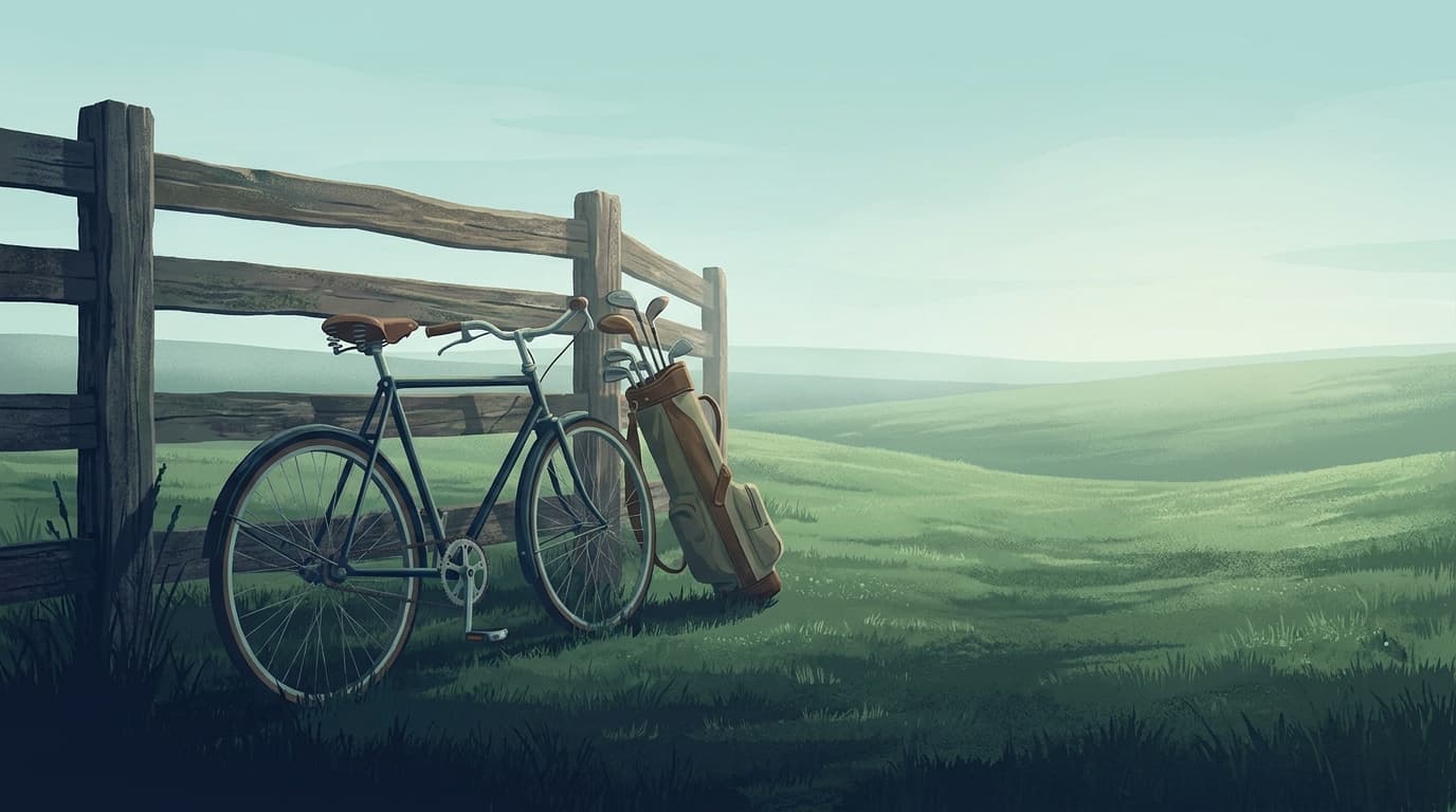 A golf bag and a bicycle leaning against a fence at the edge of a green field