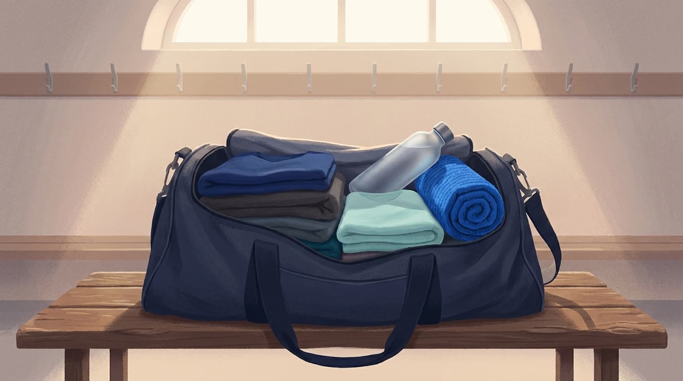 A sports holdall open on a bench with folded kit, a water bottle and a towel inside