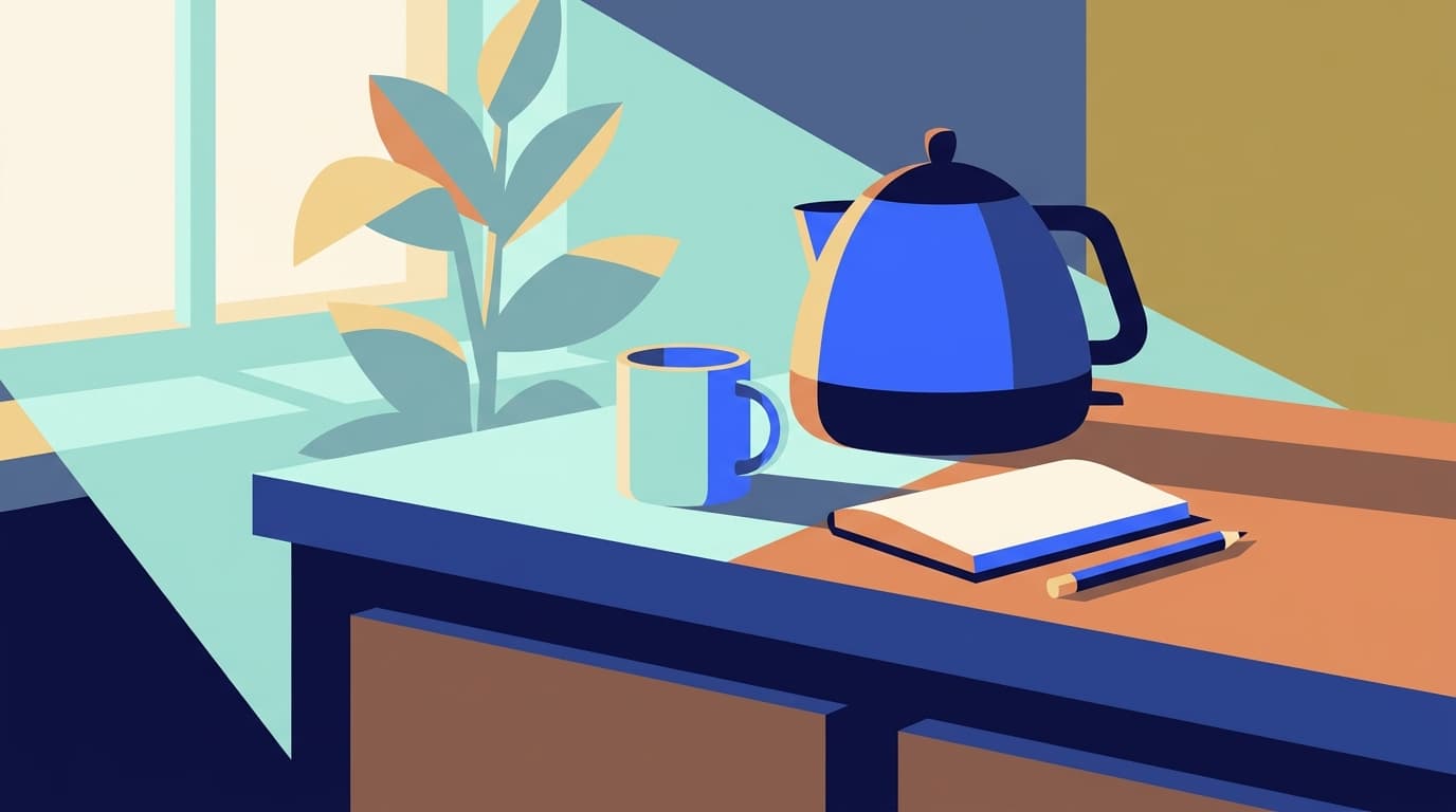A kitchen worktop with a kettle and a notebook open beside it