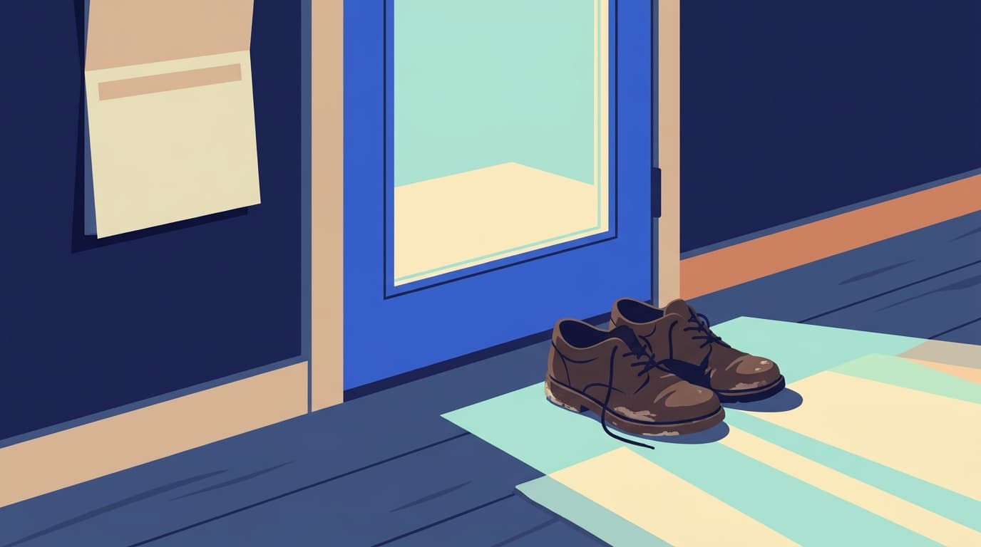 A pair of walking shoes by a back door, with a calendar on the wall beside it