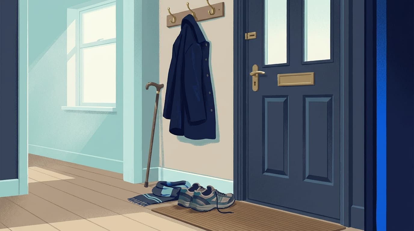 A pair of walking shoes by a front door, ready to be used