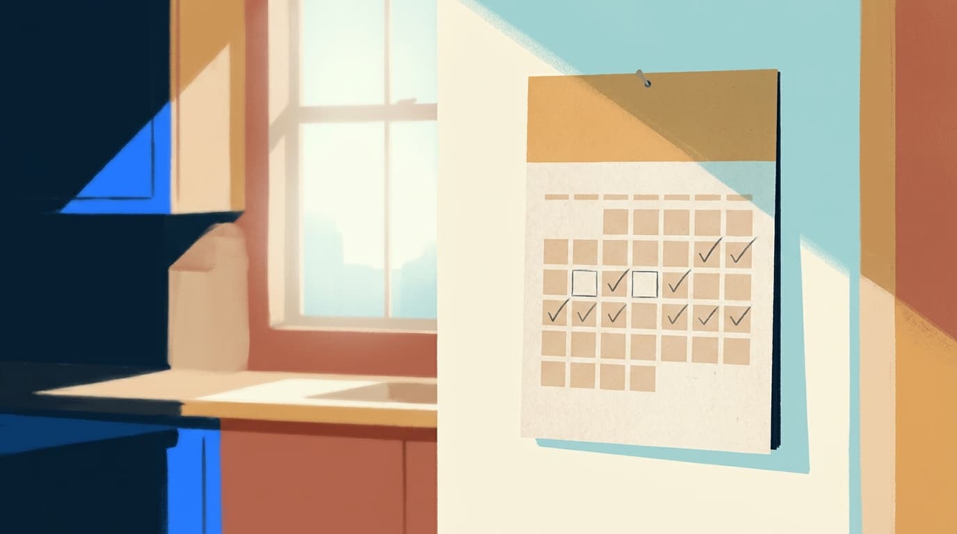 A kitchen calendar with small pencil marks on several days, lit by morning light