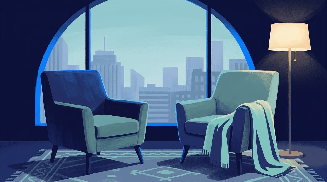 Two armchairs turned slightly towards each other by a window in the evening