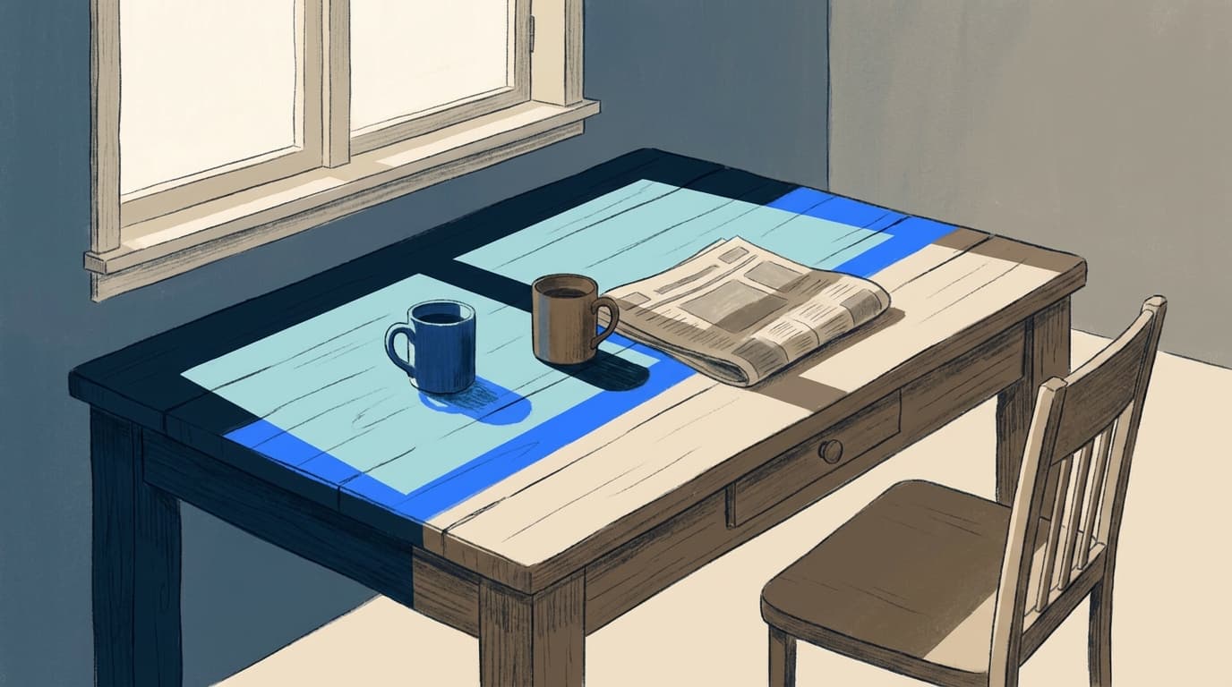 Two mugs of tea on a kitchen table in morning light, one chair pushed back