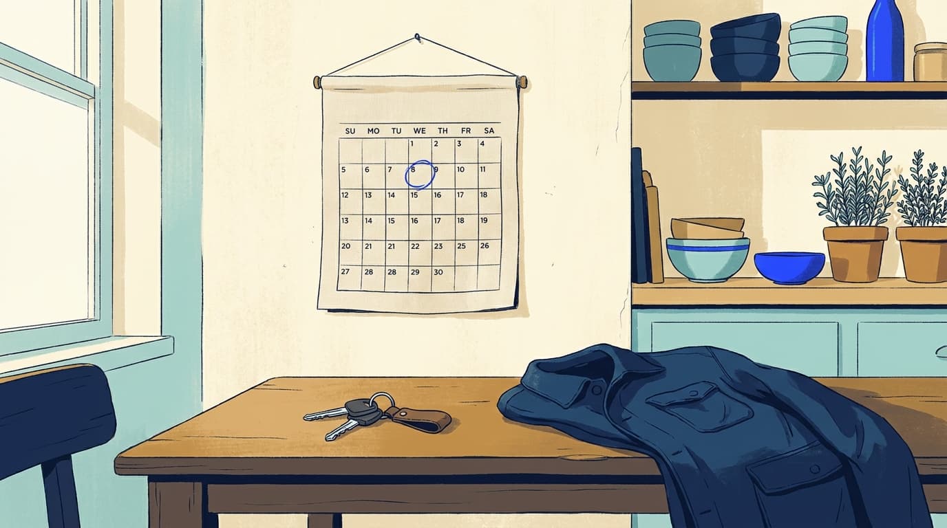 A wall calendar with one date circled, a pen resting beside it on a kitchen table
