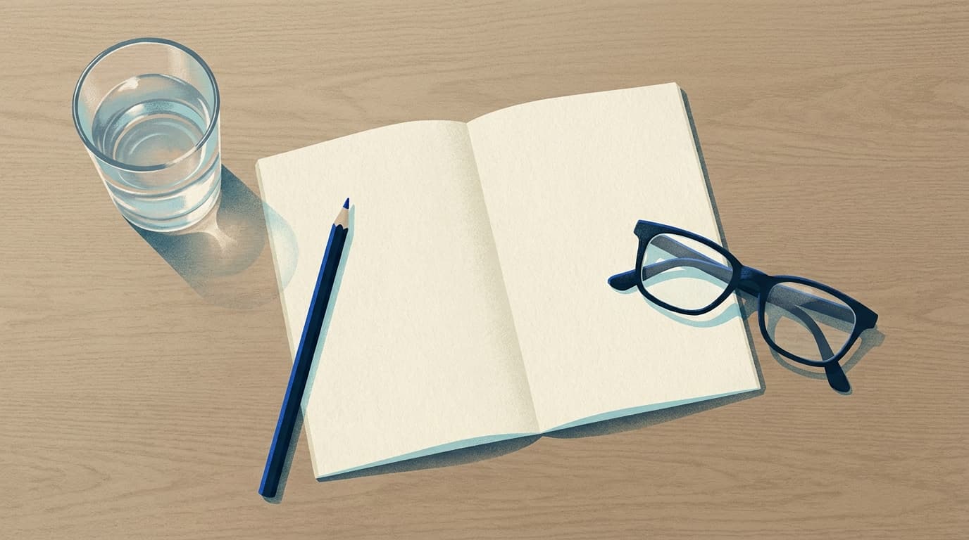 A simple illustration of a kitchen table with a notebook, a glass of water and a pair of reading glasses