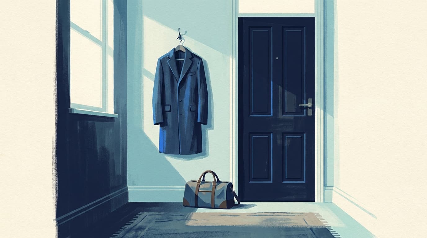 A quiet line drawing of a man's jacket and a packed bag by a front door in soft morning light
