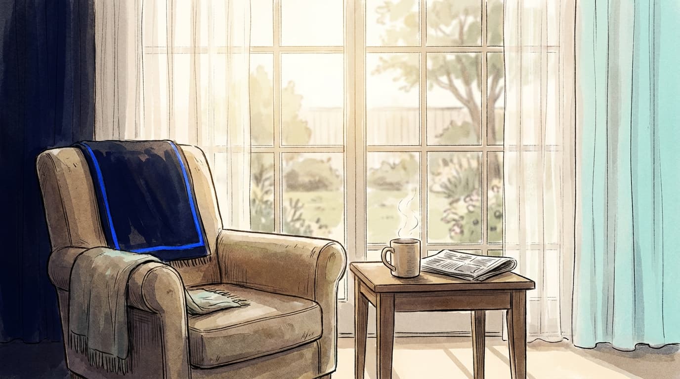 A quiet living room with an armchair, a mug on a side table and morning light through the window.
