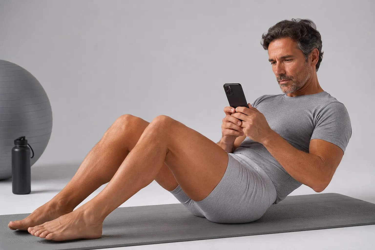 A man following a Keel pelvic-floor session on his phone, seated on an exercise mat