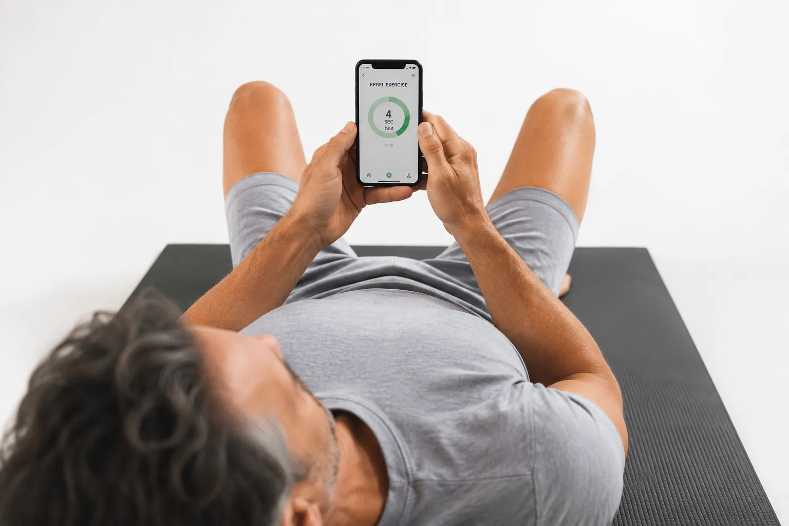 A man lying on a mat doing a guided Keel session, the app showing a timed hold