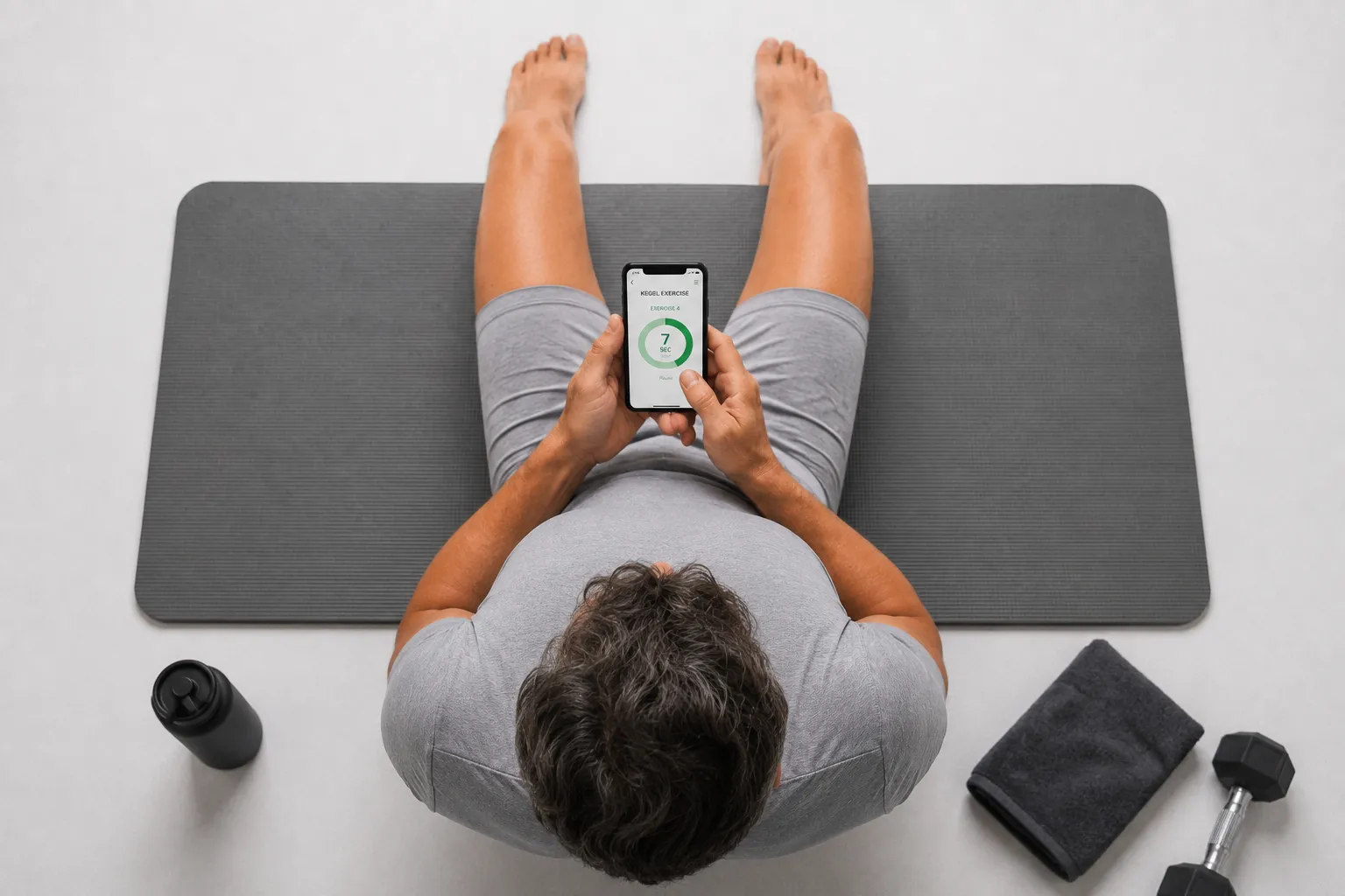 Overhead view of a man doing a Keel session on a mat, with his phone, water bottle and towel